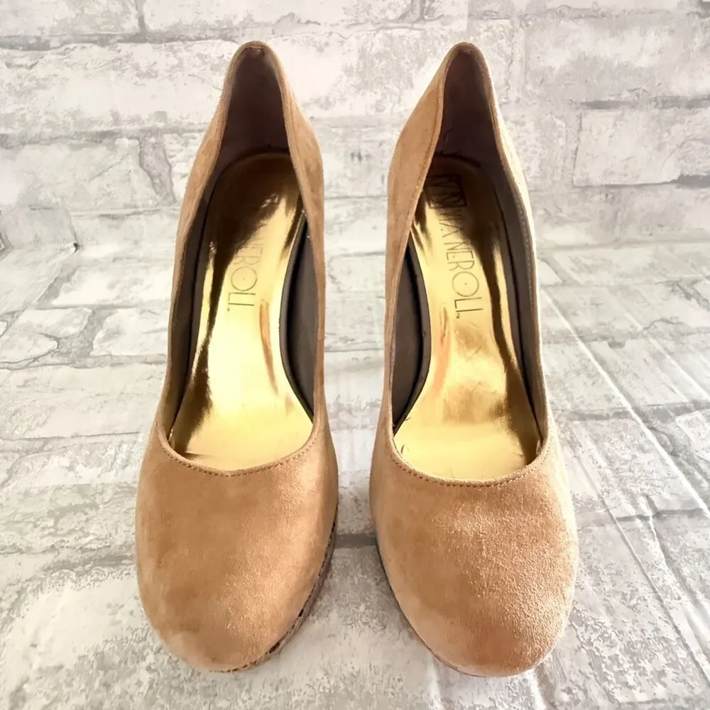 Via Neroli Beige Suede Leather High Heel Platform Snake Print Stiletto Pumps 5.5